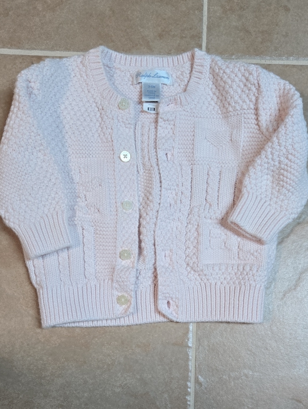 Ralph Lauren Pale Pink Cable Knit Cardigan 100% Cotton Size 3-6 Months